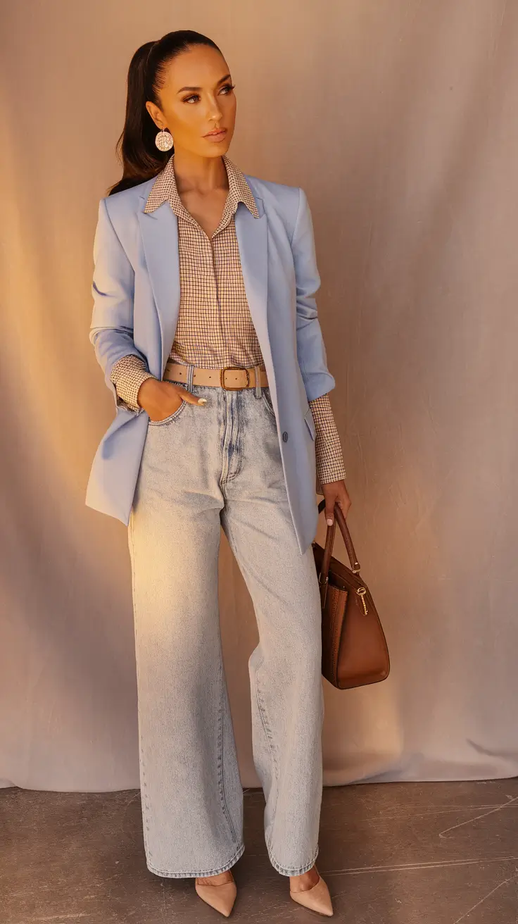 Office-ready fall outfits ideas for work in 2025 Pastel Blazer and Elevated Denim
