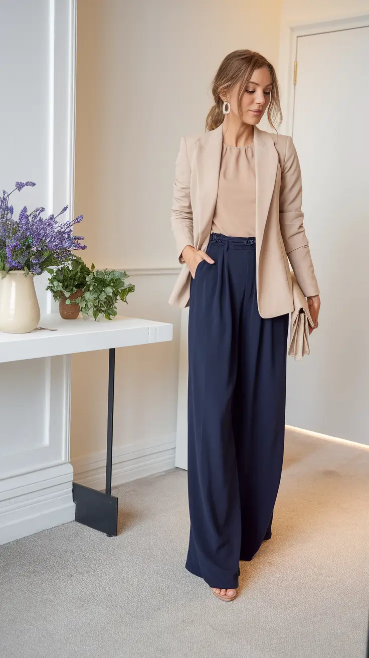 Office-ready fall outfits ideas for work in 2025 Blush Blazer with Navy Wide-Leg Pants
