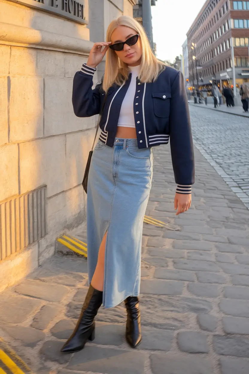 outfits Ideas for Early Fall 2025 – Navy Cropped Bomber at Golden Hour