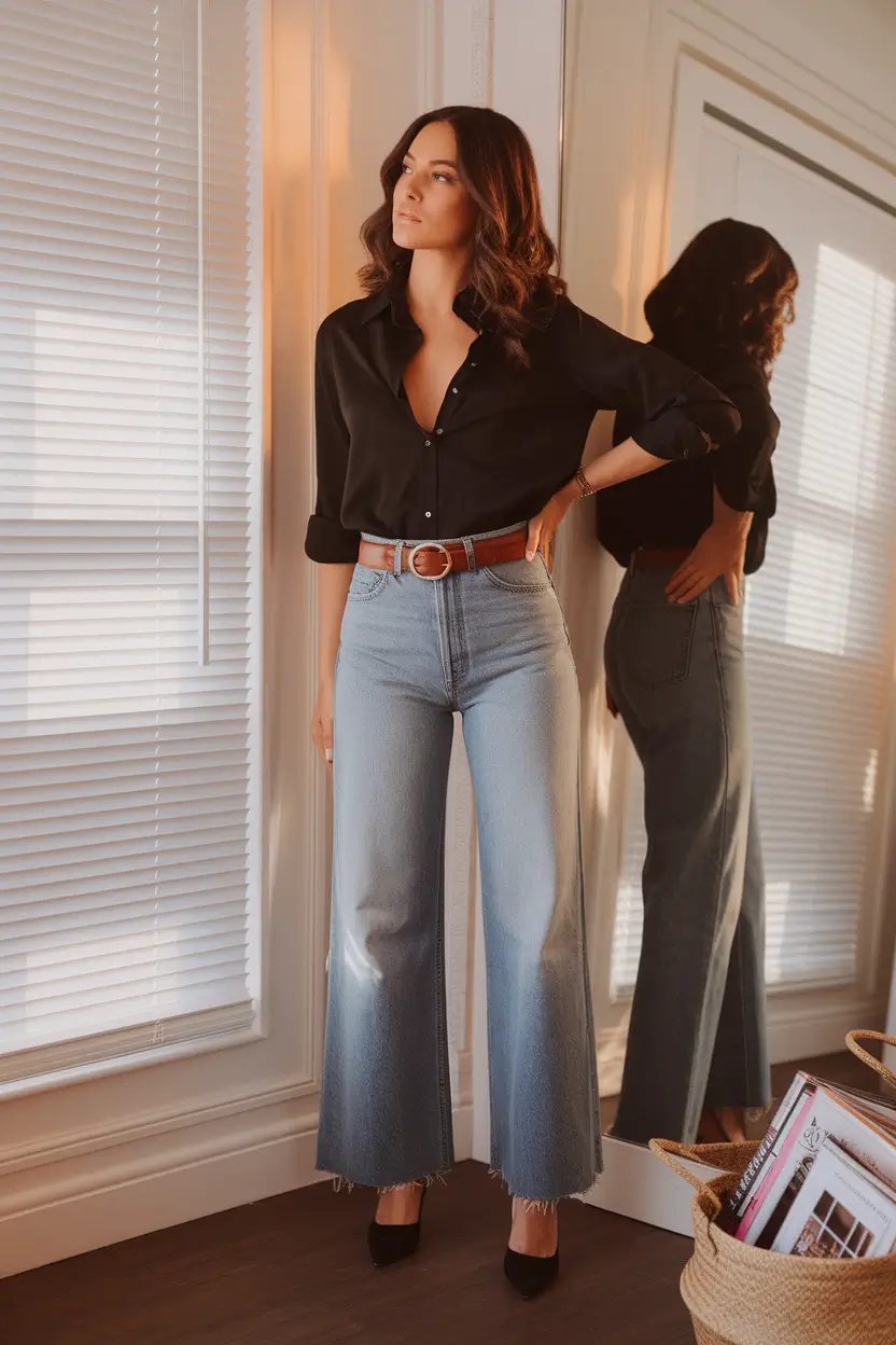 outfits Ideas for Early Fall 2025 – Wide-Leg Jeans & Midnight-Black Button-Down