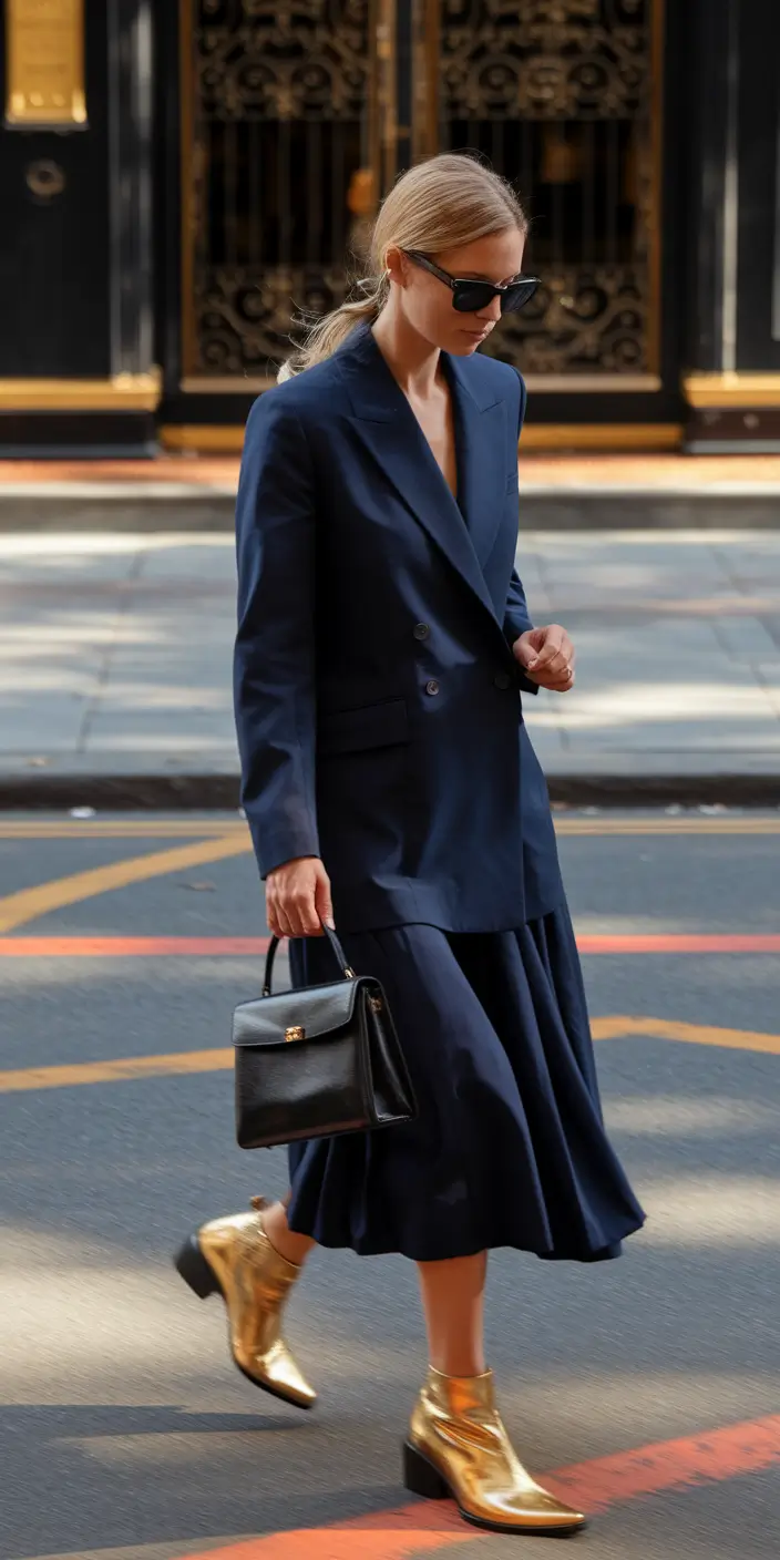 outfits Ideas for Early Fall 2025 – Navy Power Suit, Golden Attitude