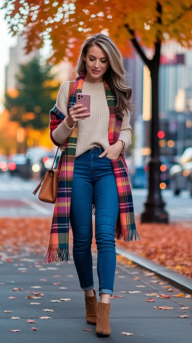 outfits Ideas for Early Fall 2025 – Plaid Scarf Power Walk