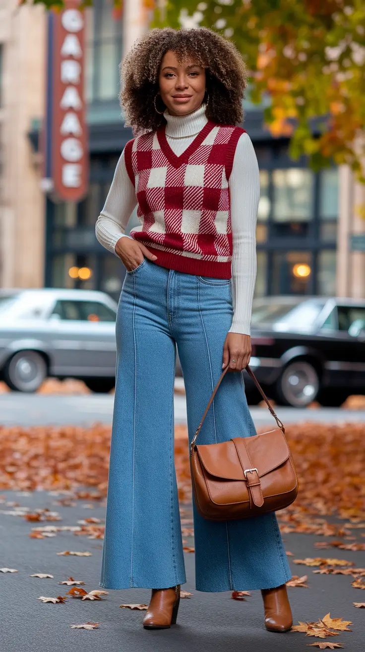 outfits Ideas for Early Fall 2025 – Retro Sweater-Vest & Wide-Leg Denim Vibe
