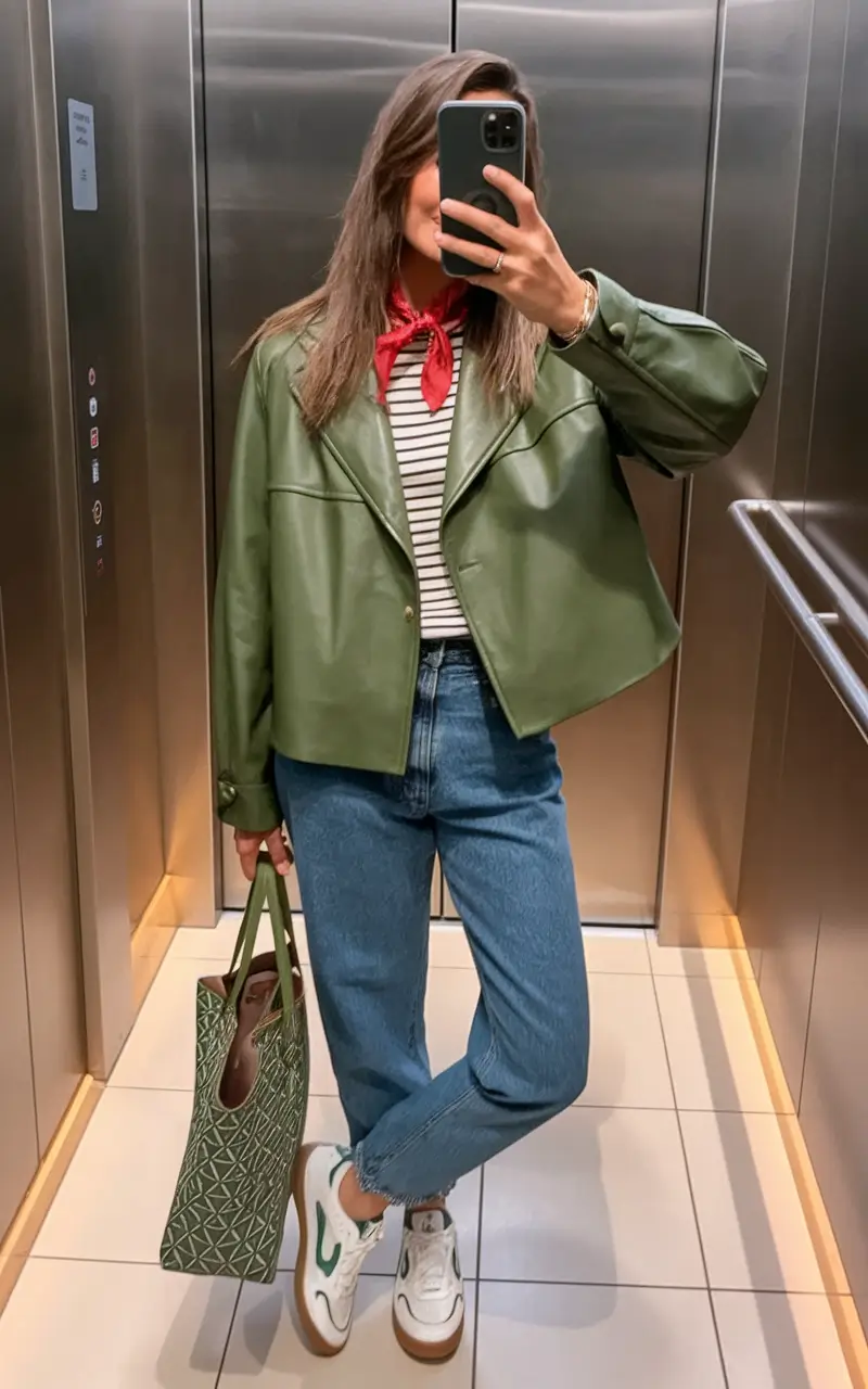 outfits Ideas for Early Fall 2025 – Elevator Green-Leather Cool Girl