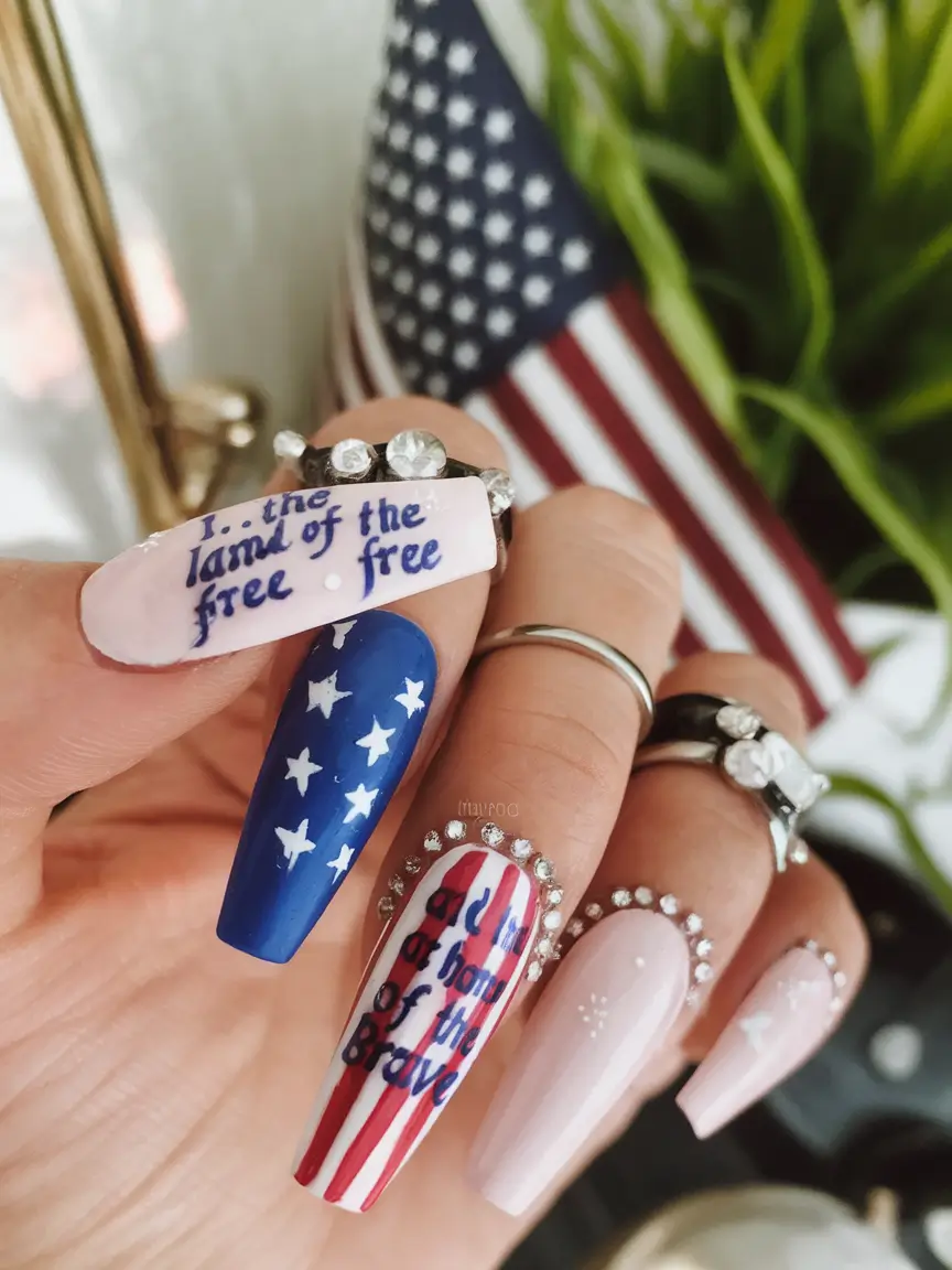 Simple & Cute 4th of July Nails 2025 Lyrics & Rhinestone Liberty