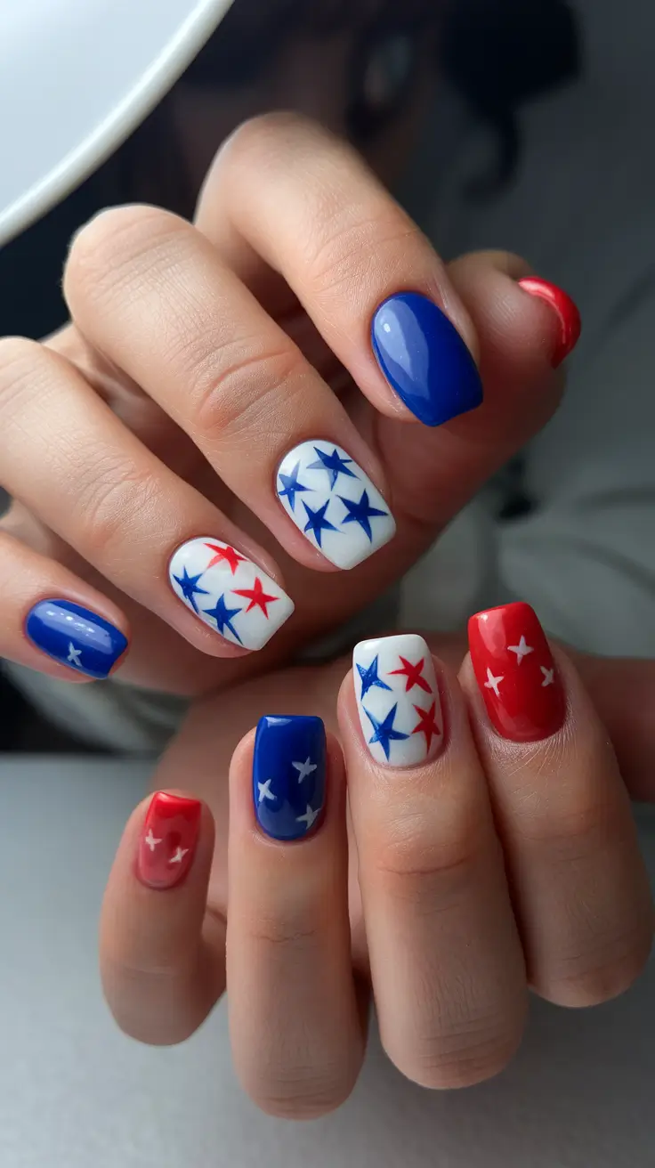 Simple & Cute 4th of July Nails 2025 Scattered Stars on a Color Block