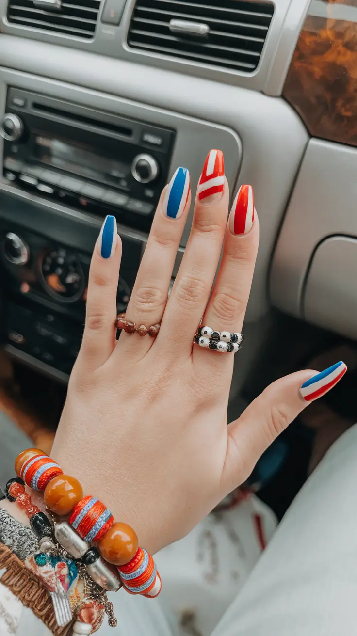 Simple & Cute 4th of July Nails 2025 Retro Stripe Road Trip