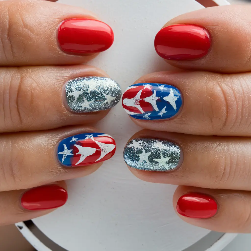 Simple & Cute 4th of July Nails 2025 Split-Design Glitter Explosion