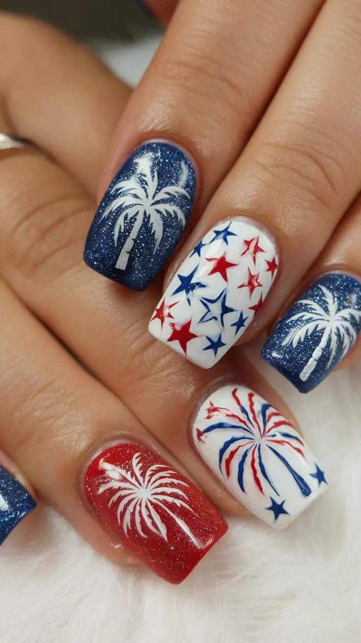 Simple & Cute 4th of July Nails 2025 Palm Trees & Pyrotechnics