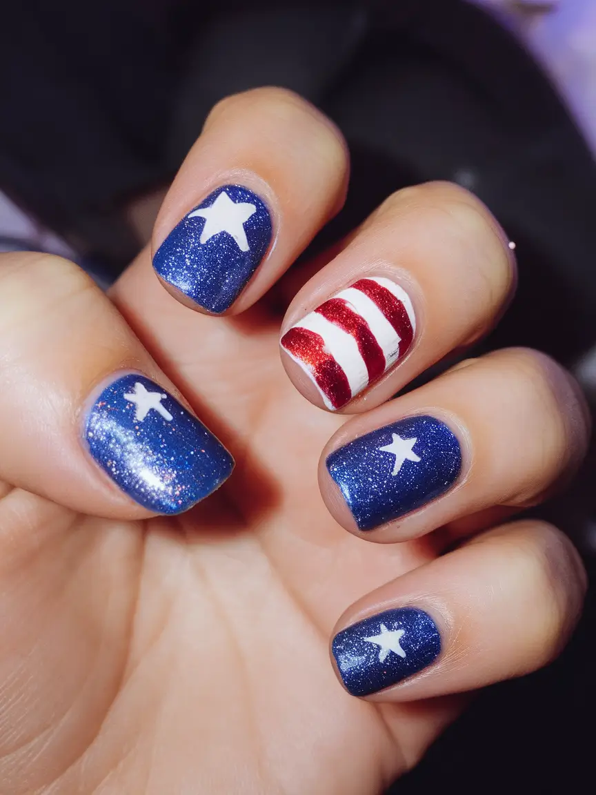 Simple & Cute 4th of July Nails 2025 Midnight Sky Sparkle Set