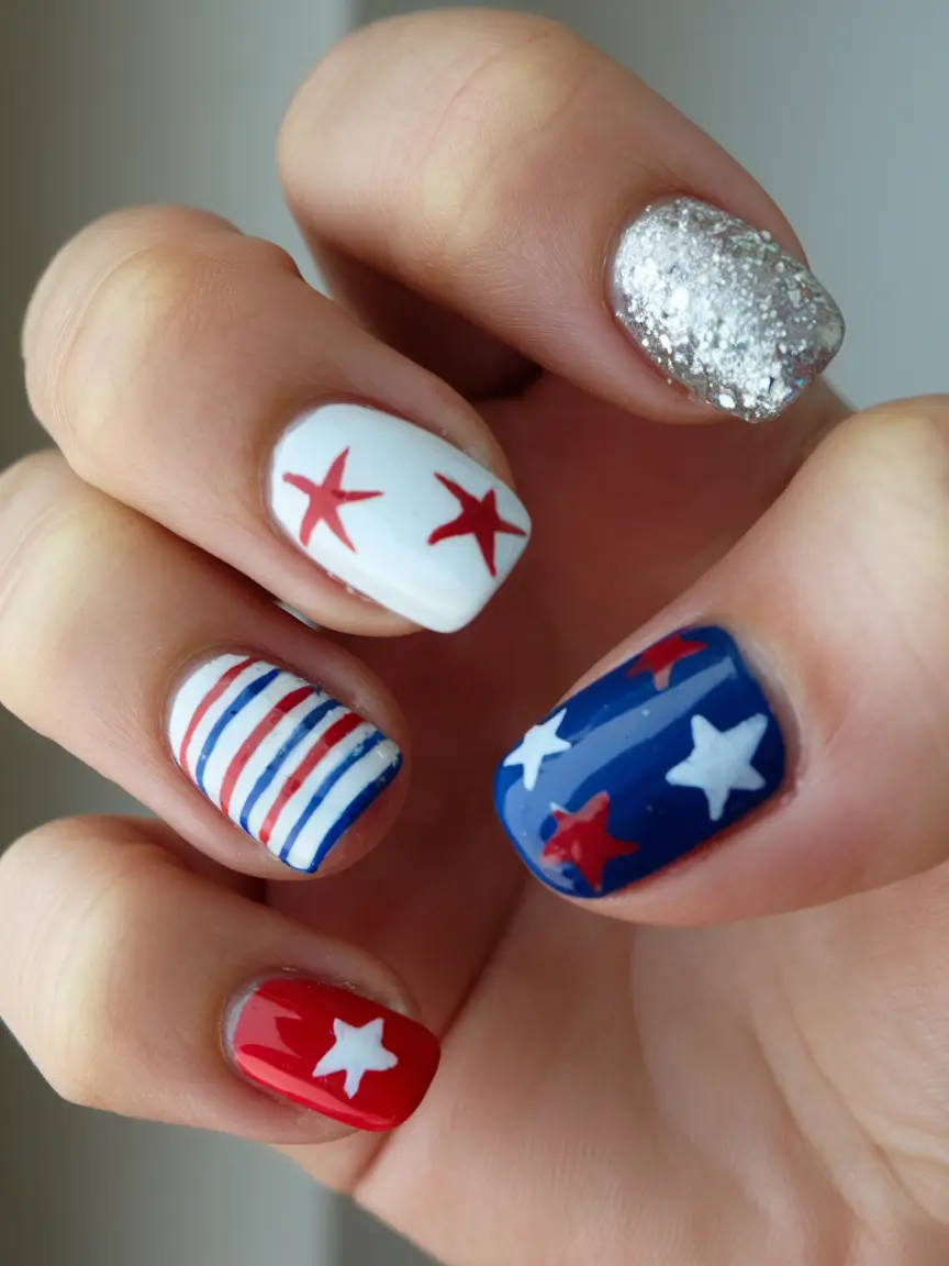 Simple & Cute 4th of July Nails 2025 Mixed Media Star Parade