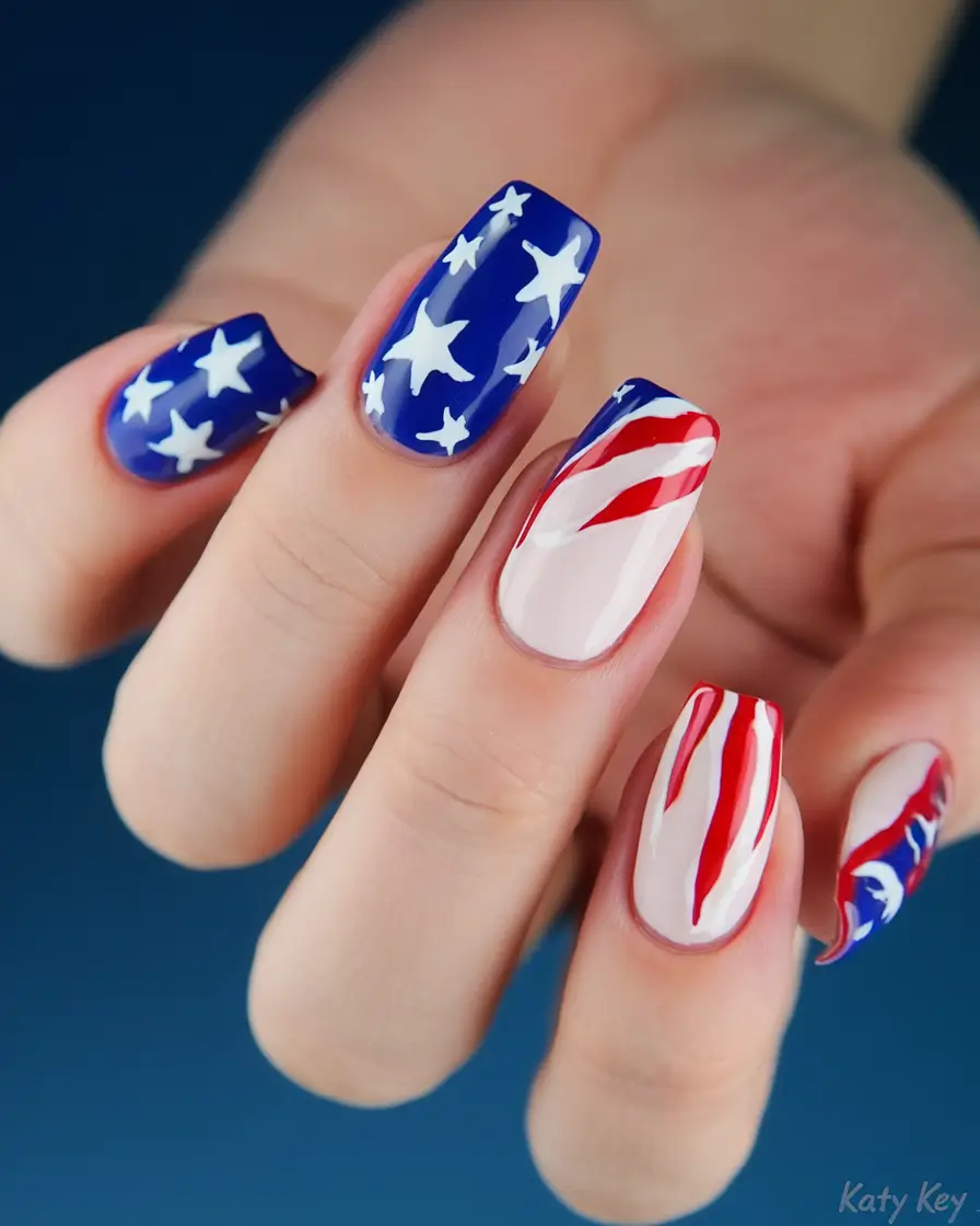 Simple & Cute 4th of July Nails 2025 Star-Spangled Wave