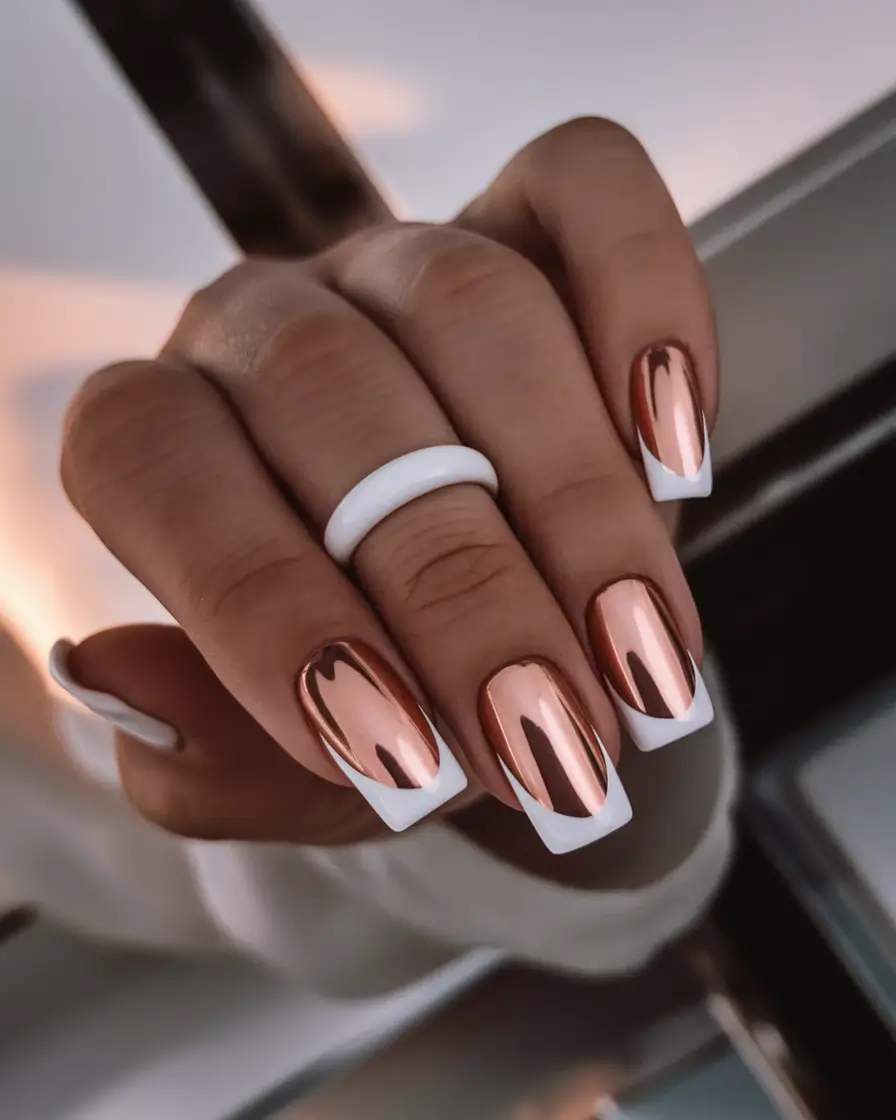 simple summer nails ideas 2025 Rose Gold French Meets Chrome Magic