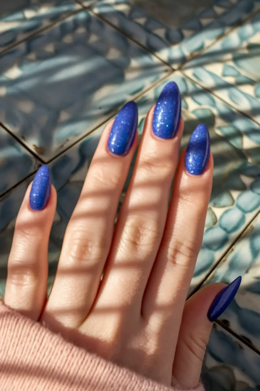 simple summer nails ideas 2025 Midnight Poolside Sparkle