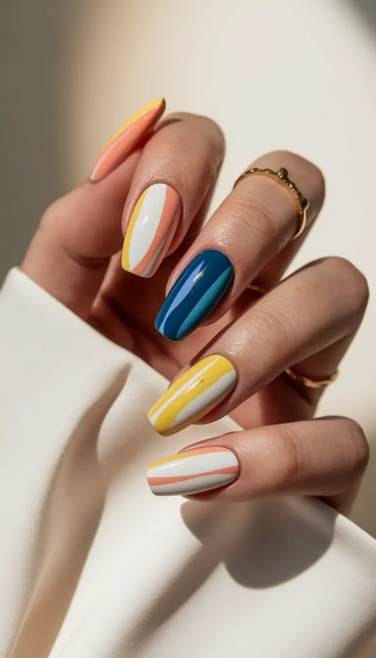simple summer nails ideas 2025 Retro Stripes and Beach Club Energy