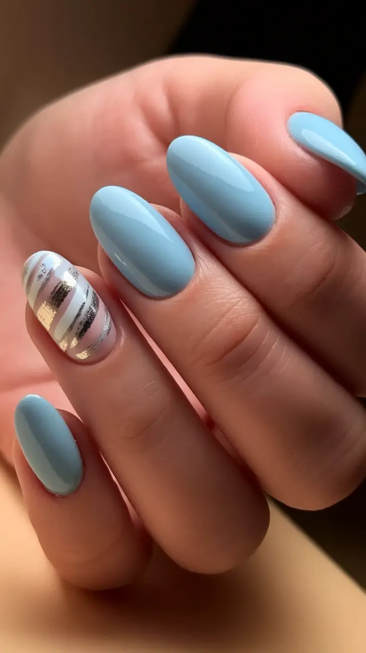 simple summer nails ideas 2025 Sky Blue with Silver Stripe Art