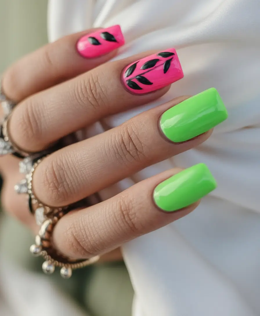simple summer nails ideas 2025 Neon Pop with Tropical Twist