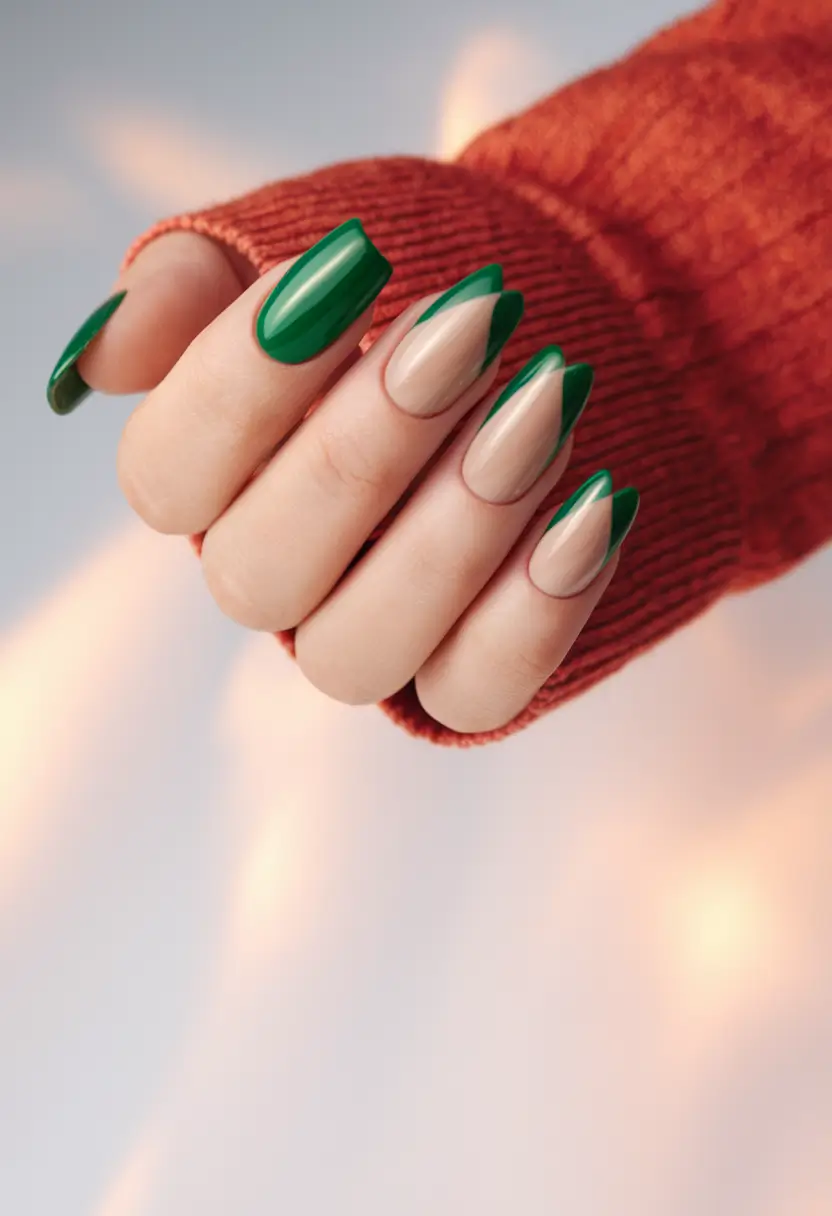 summer green nails ideas 2025 Graphic Almond Tips in Emerald and Nude