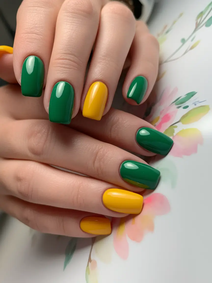 summer green nails ideas 2025 Green & Yellow Color Block for Summer Mood