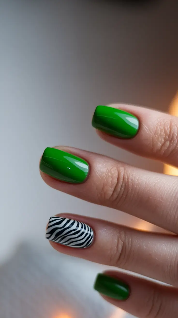 summer green nails ideas 2025 Classic Green Meets Zebra Pop