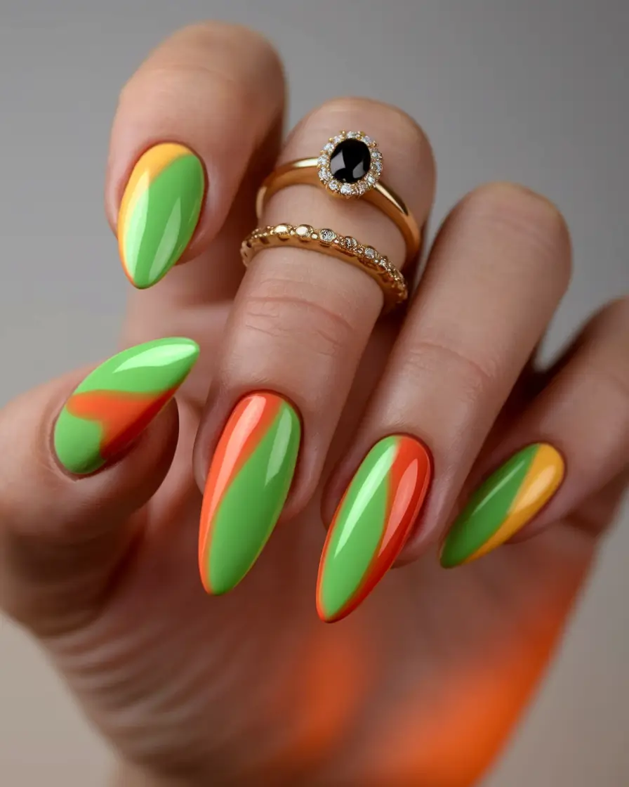 summer green nails ideas 2025 Sunset Swirl with Brat Energy