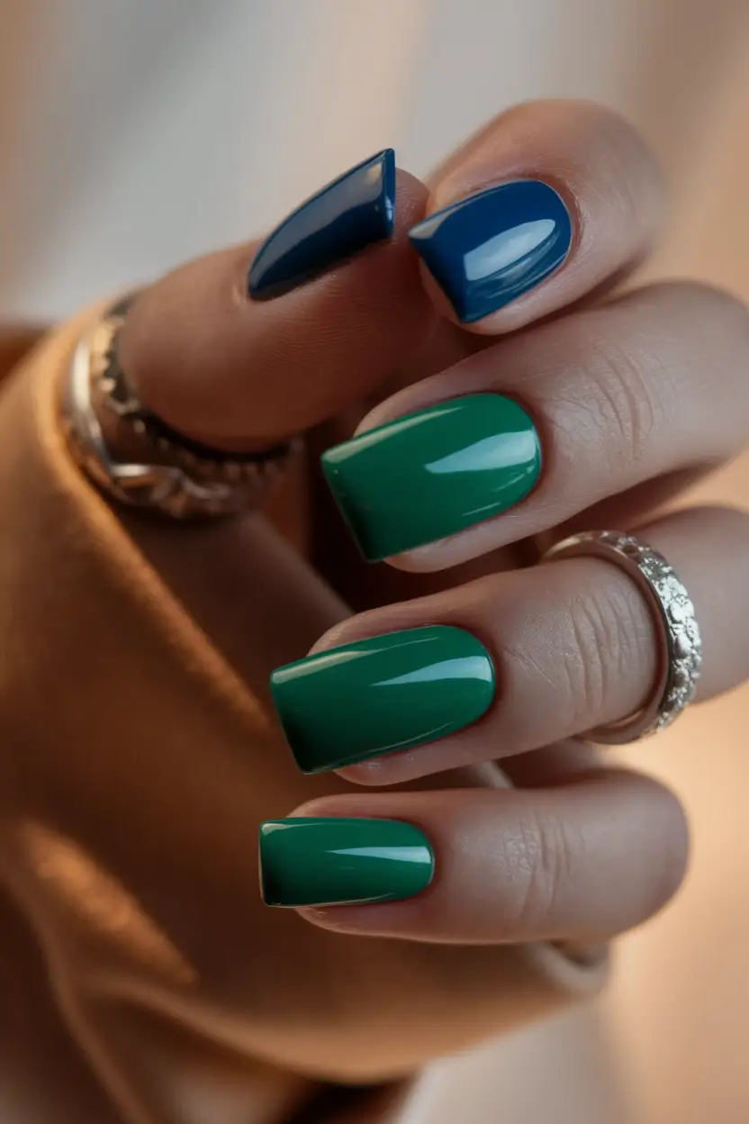 summer green nails ideas 2025 Deep Teal Contrast with Moody Blues