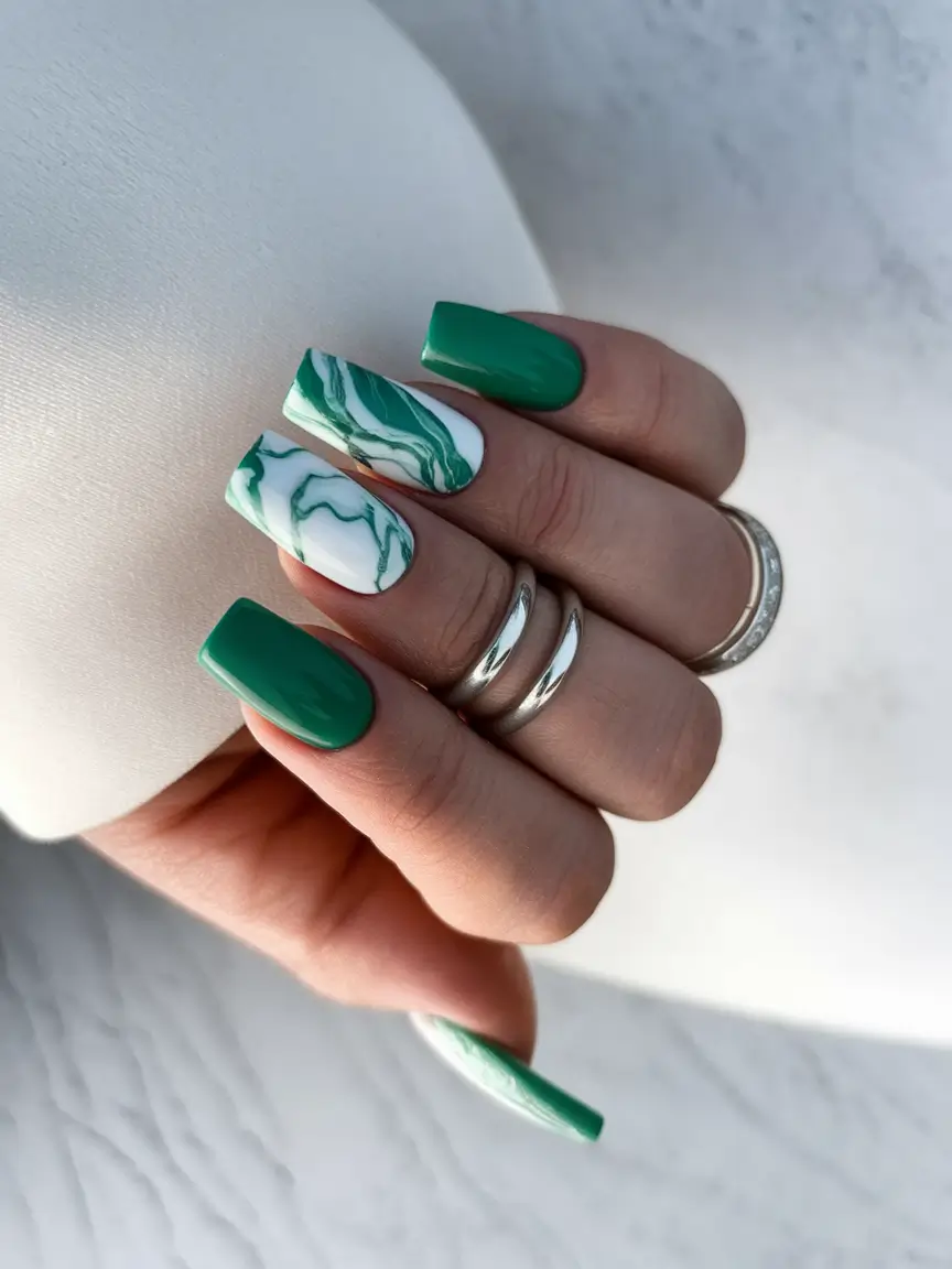 summer green nails ideas 2025 Marble Magic with Minimalist Flair