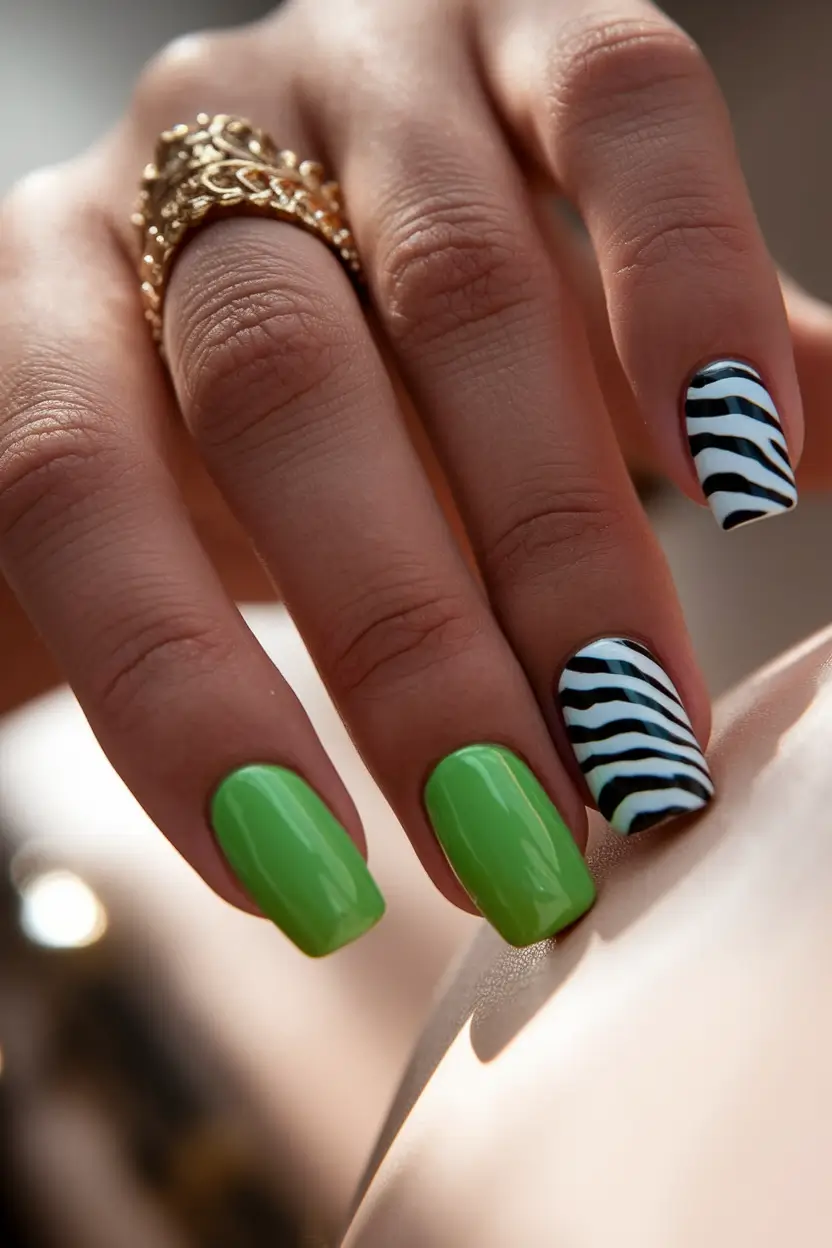 summer green nails ideas 2025 Lime Pop Meets Safari Stripes