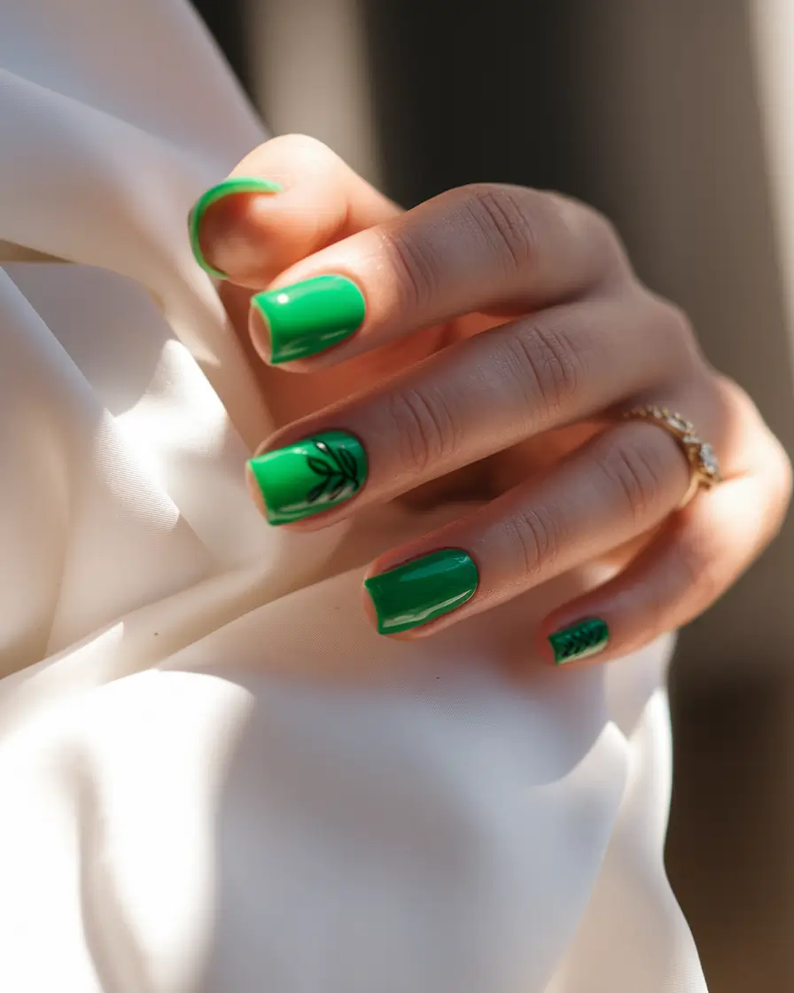 summer green nails ideas 2025 Glossy Green with Leafy Minimalism