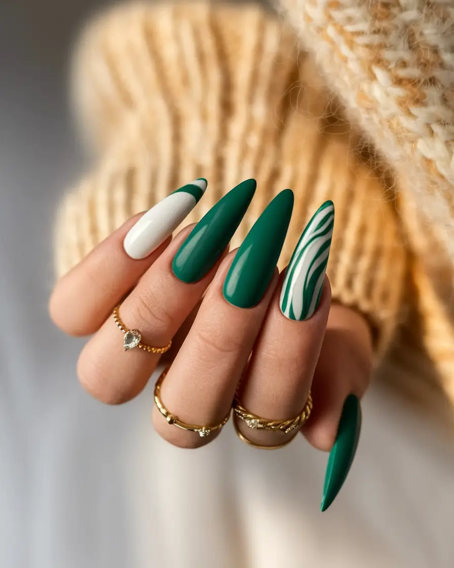 summer green nails ideas 2025 Emerald Forest Drama with Almond Tips