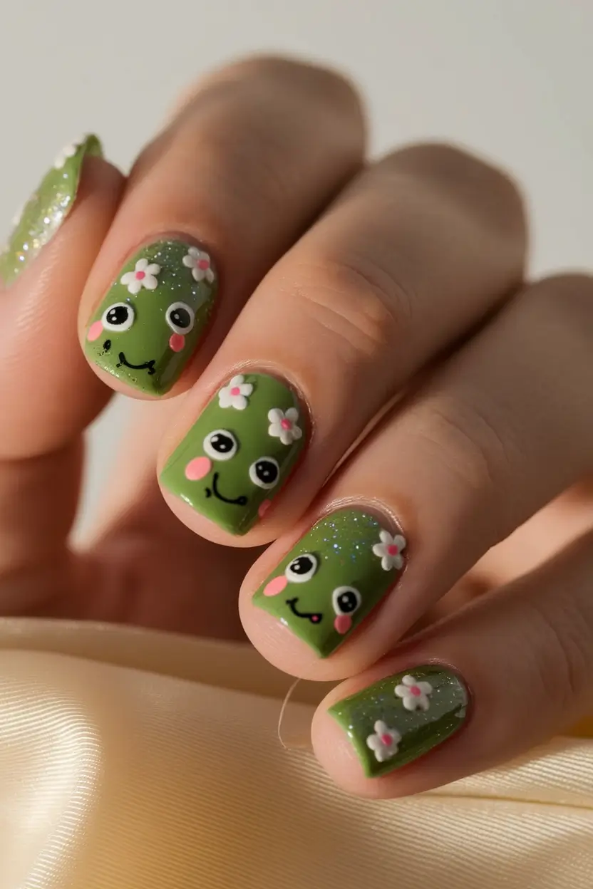 summer green nails ideas 2025 Cute Froggies with Flower Crowns