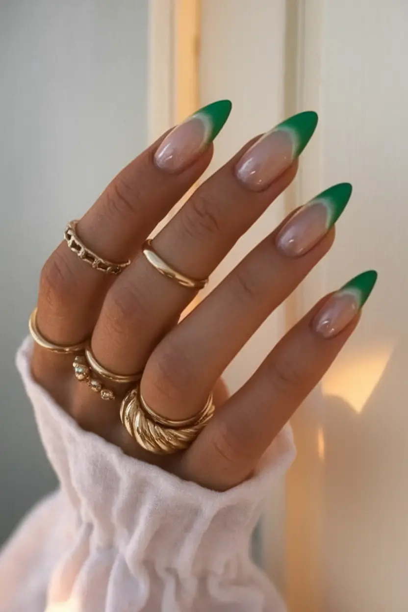 summer green nails ideas 2025 Soft Green French Fade on Almond Nails