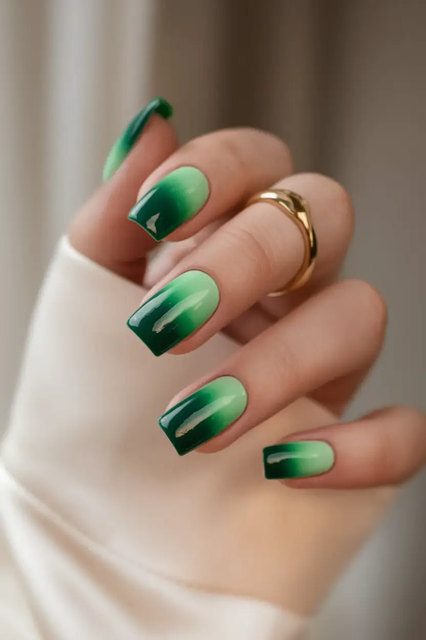 summer green nails ideas 2025 Glossy Green Square Ombré