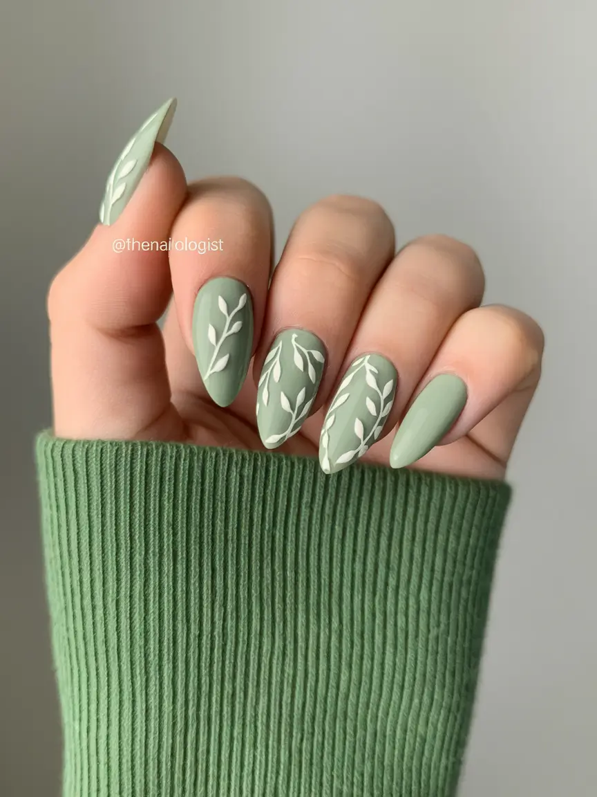 summer green nails ideas 2025 Matte Sage With White Leaf Art
