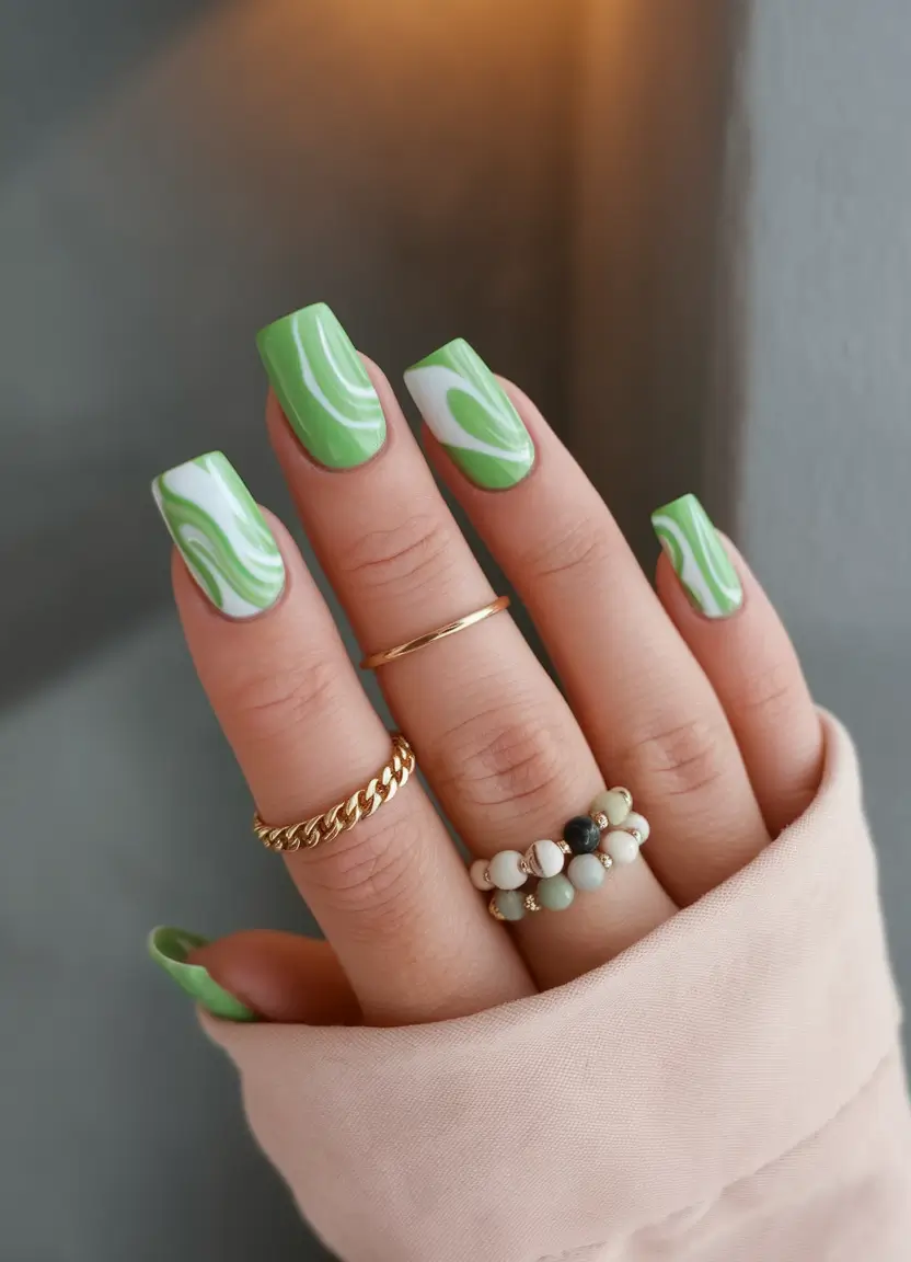 summer green nails ideas 2025 Lime Swirls on Square Tips
