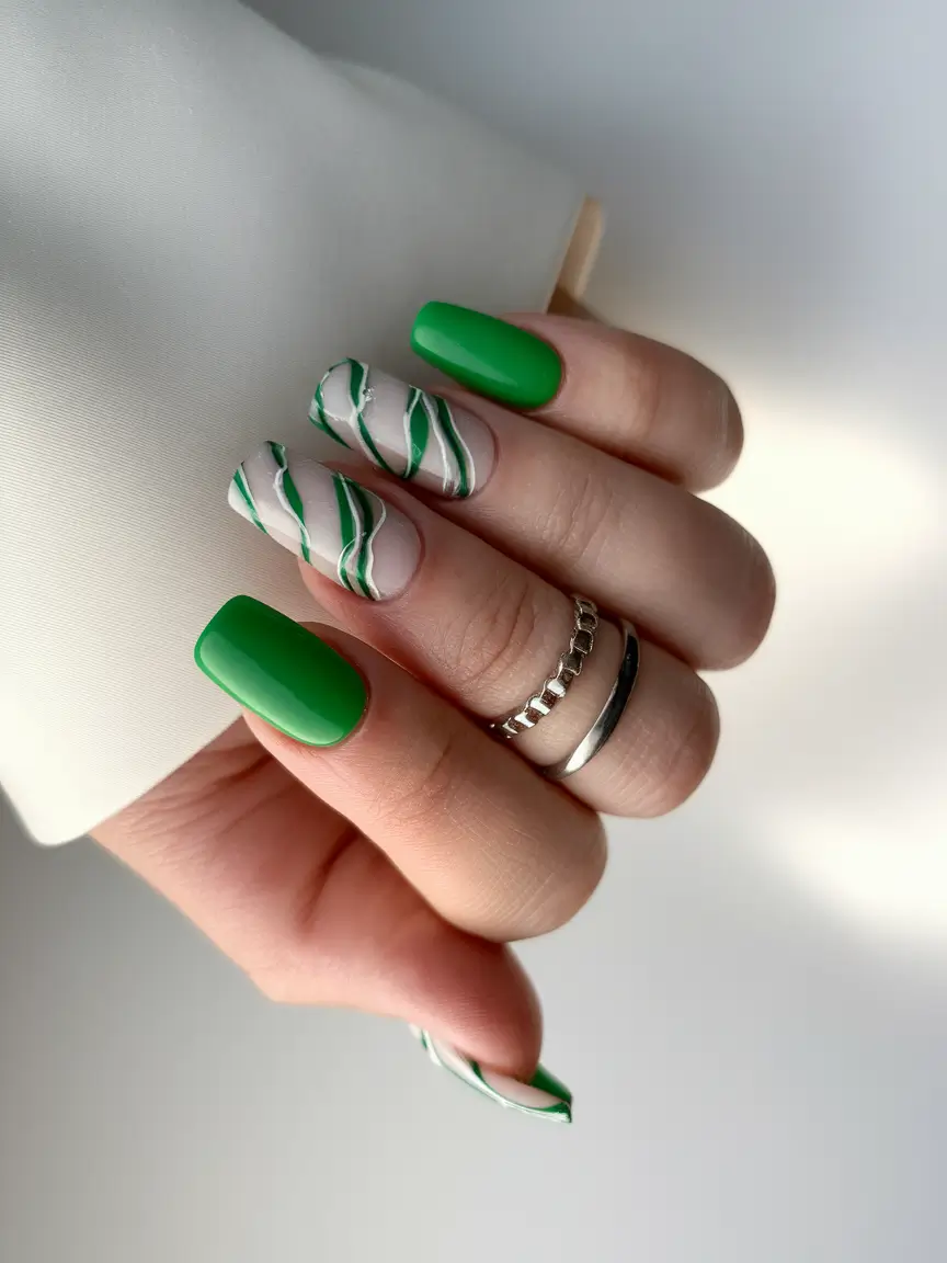 summer green nails ideas 2025 Wavy Ribbon Accents with Green Polish