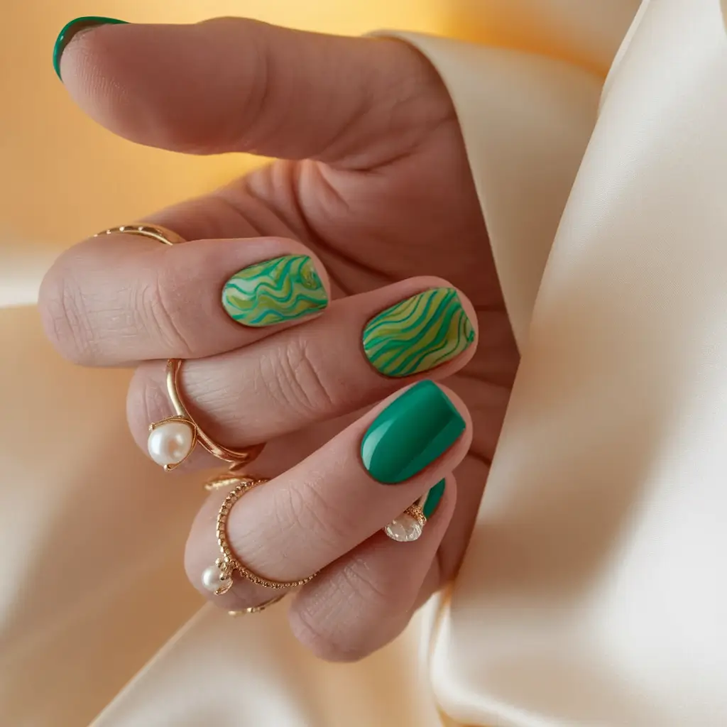 summer green nails ideas 2025 Green & Yellow Psychedelic Swirls