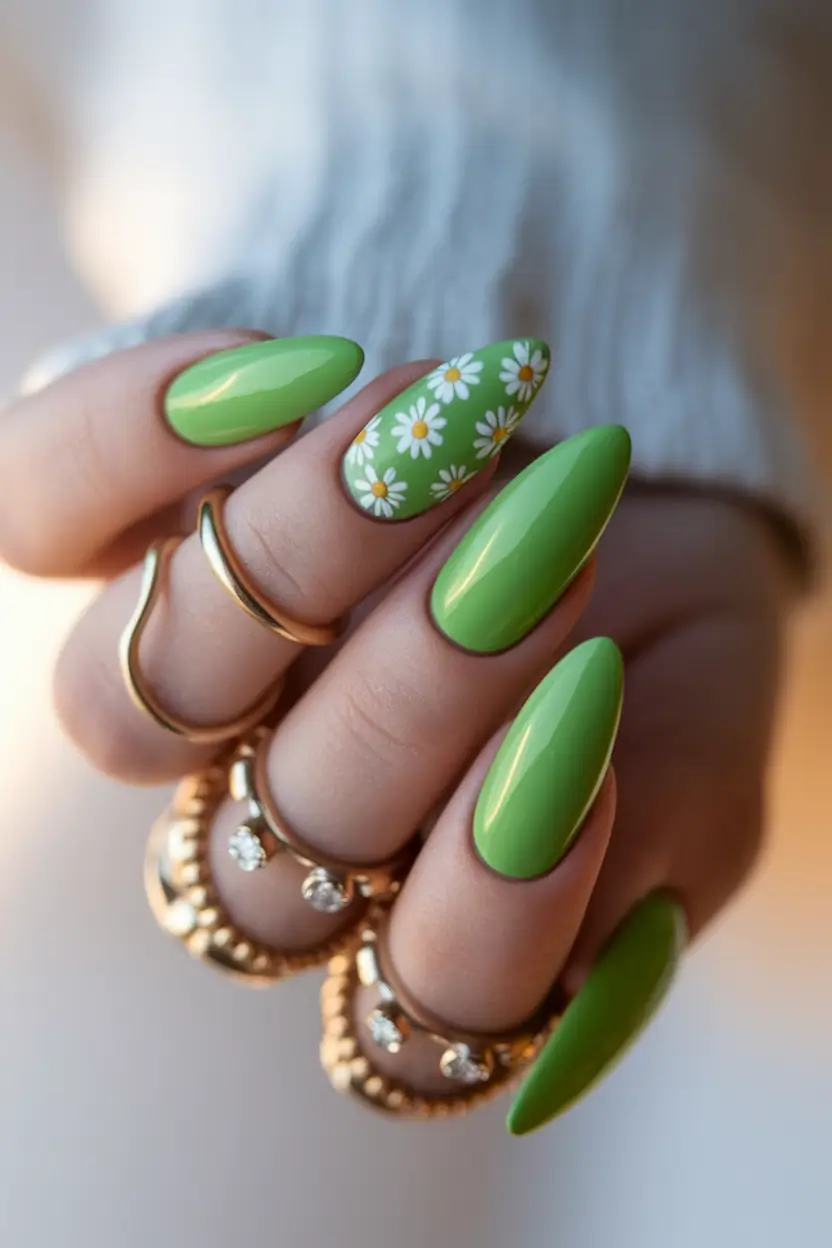 summer green nails ideas 2025 Green Almond Nails with Daisy Floral Accent