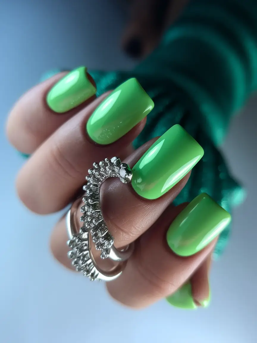 summer green nails ideas 2025 High Gloss Lime on Squared Tips