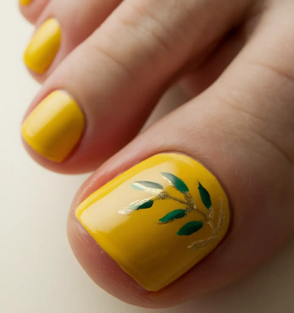 Toes That Shine in July 2025 Sunny Yellow with a Green Leaf Accent