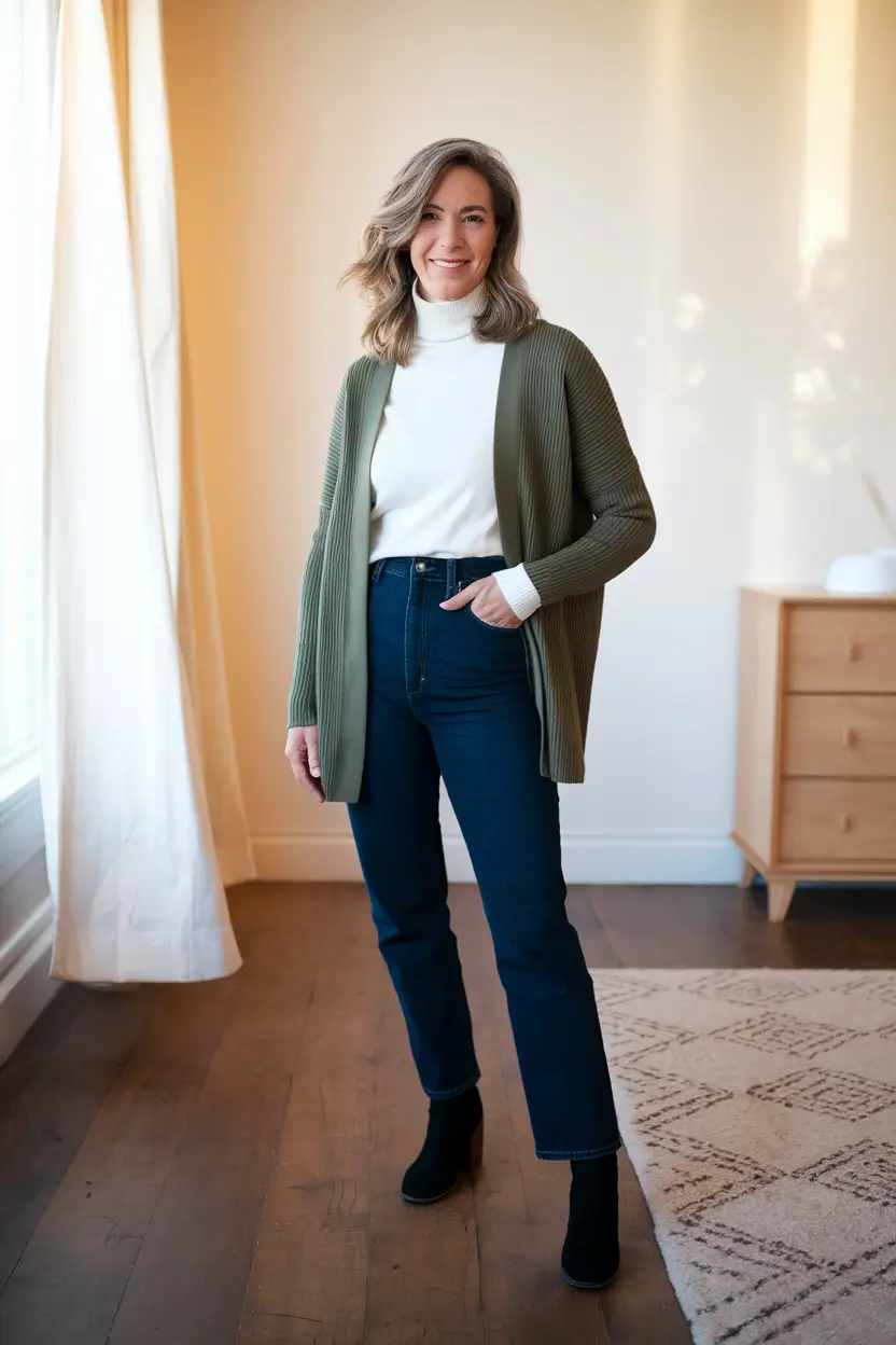 trendy fall outfits for women over 40 - Olive Cardigan & Elevated Denim