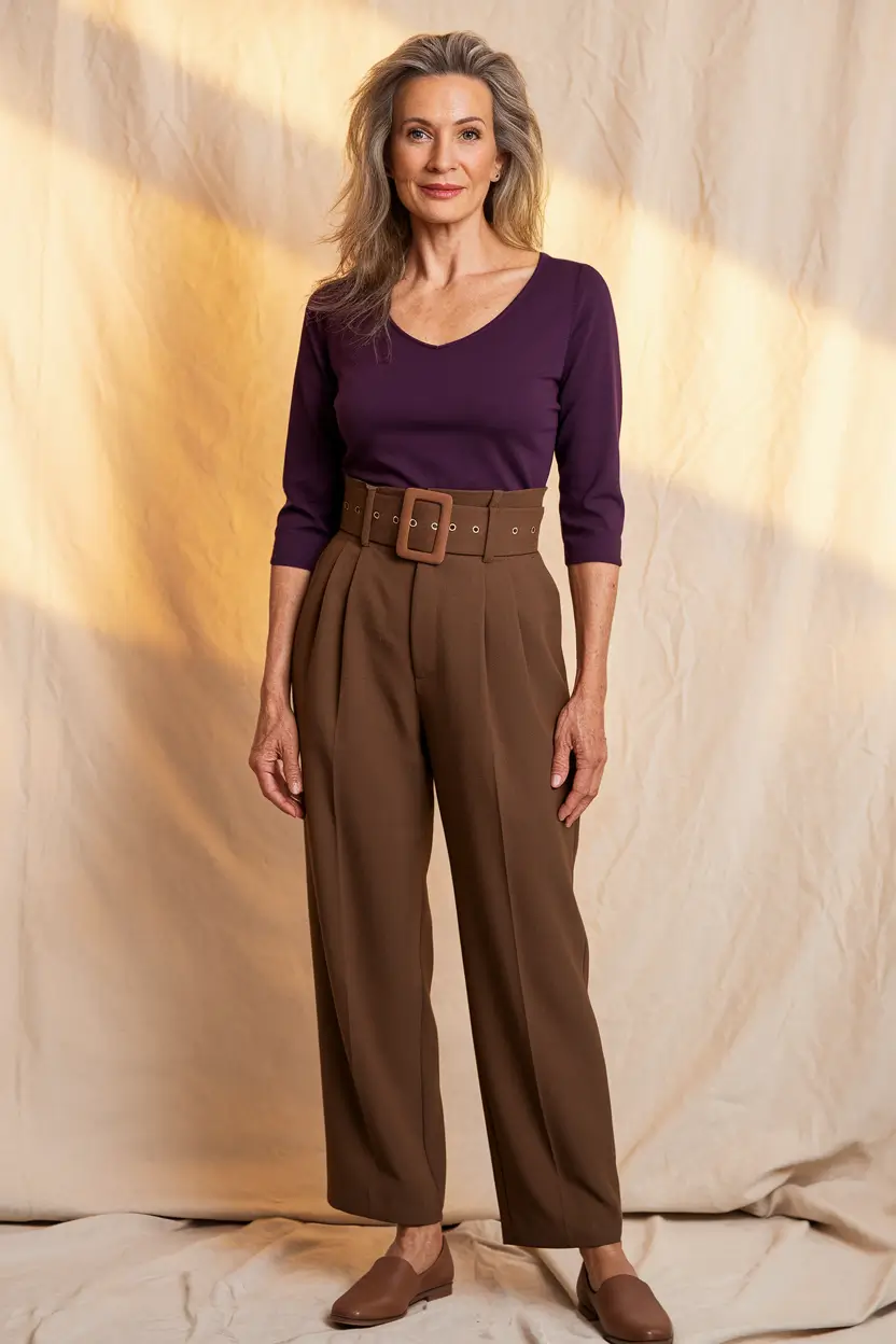 fall outfits women over 40 - Purple Top & Chocolate Trousers