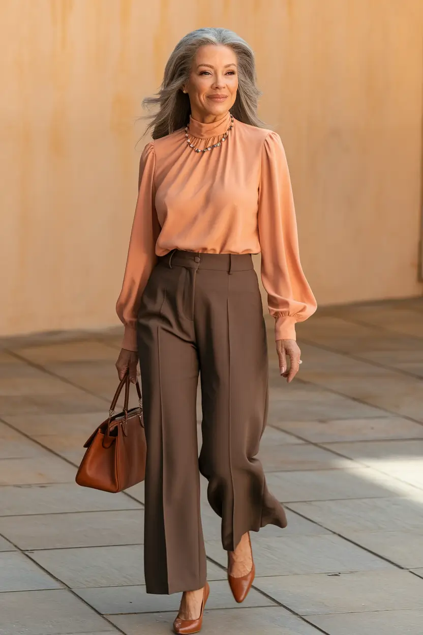 trendy fall outfits for women over 40 ideas 2025 - Soft Peach & Tailored Cocoa