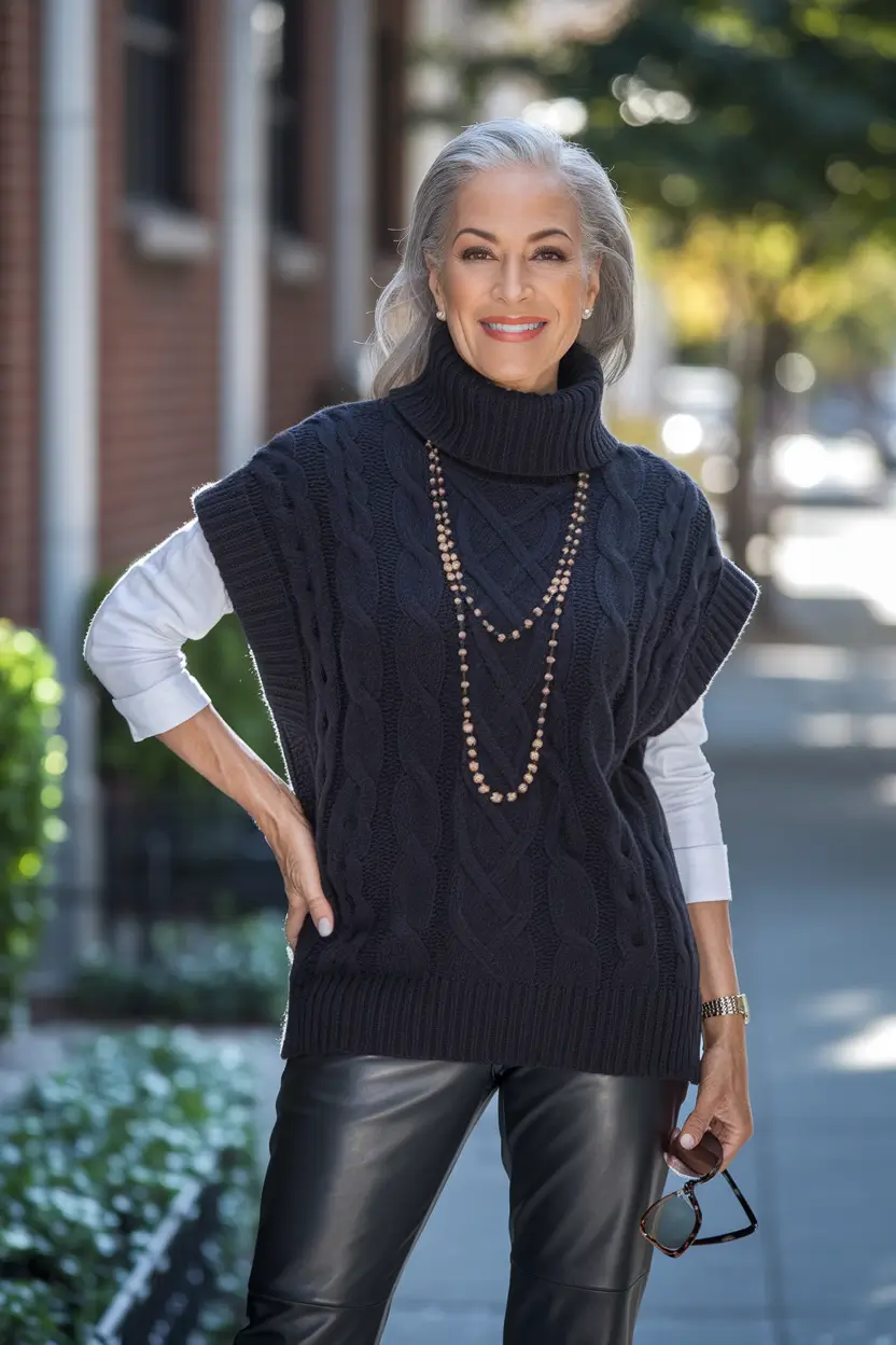 trendy fall outfits for women over 40 ideas 2025 - Cable Knit Edge & Leather Pants