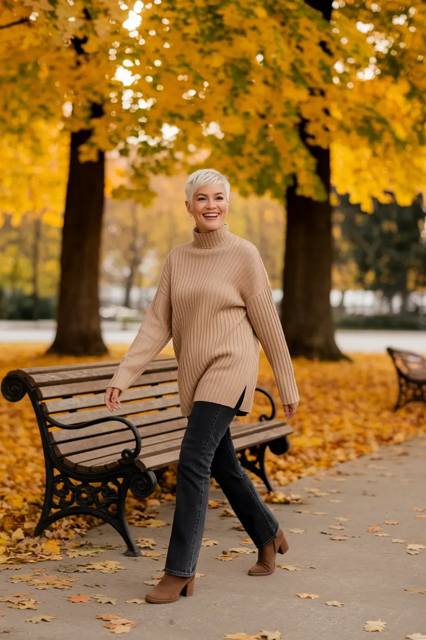 trendy fall outfits for women over 40 ideas 2025 - Cozy Camel & Stroll-Ready Denim