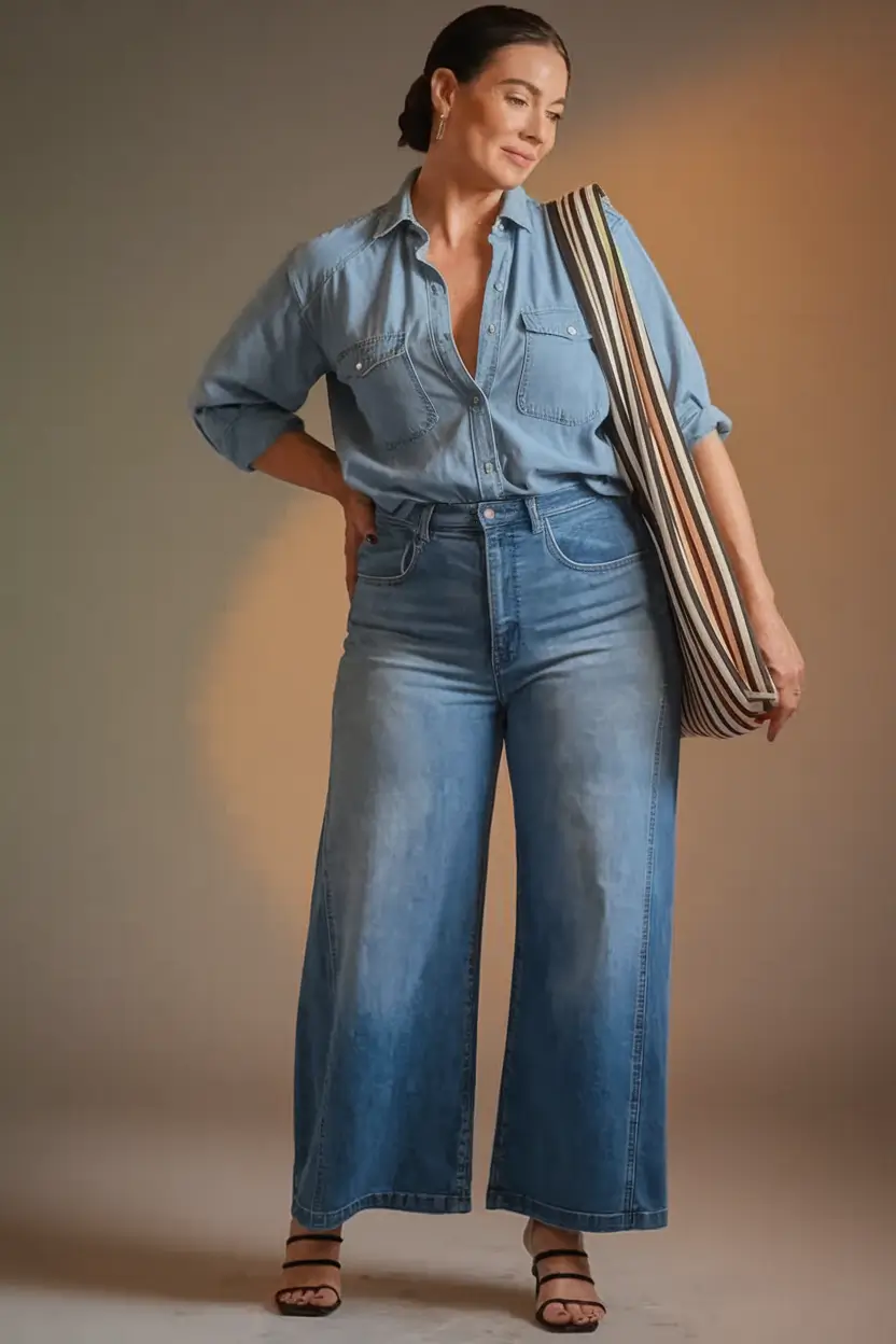 trendy fall outfits women over 40 - Denim-on-Denim, Wide-Leg Freedom