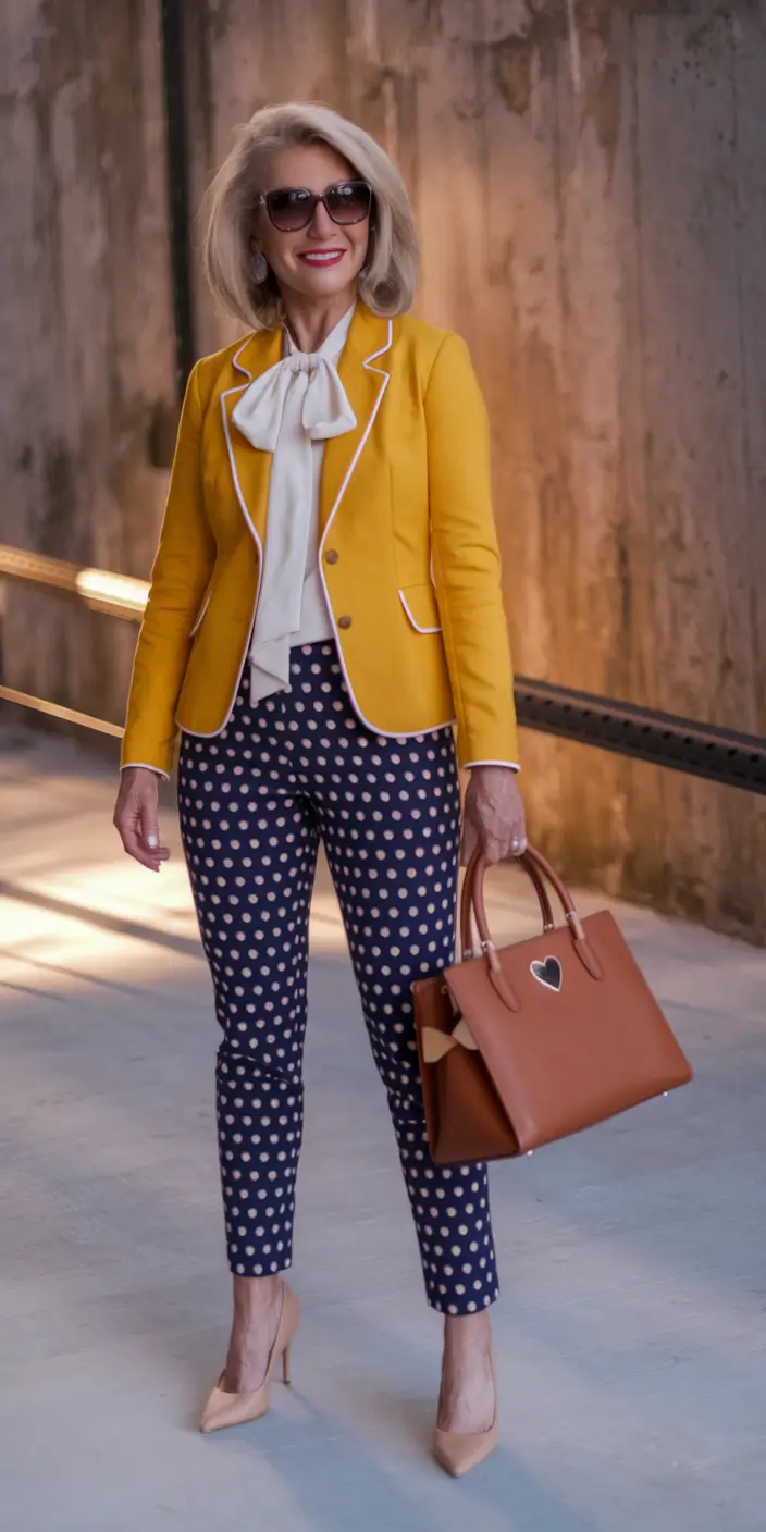 fall outfits women over 40 - Golden Poppy Blazer & Retro Dots