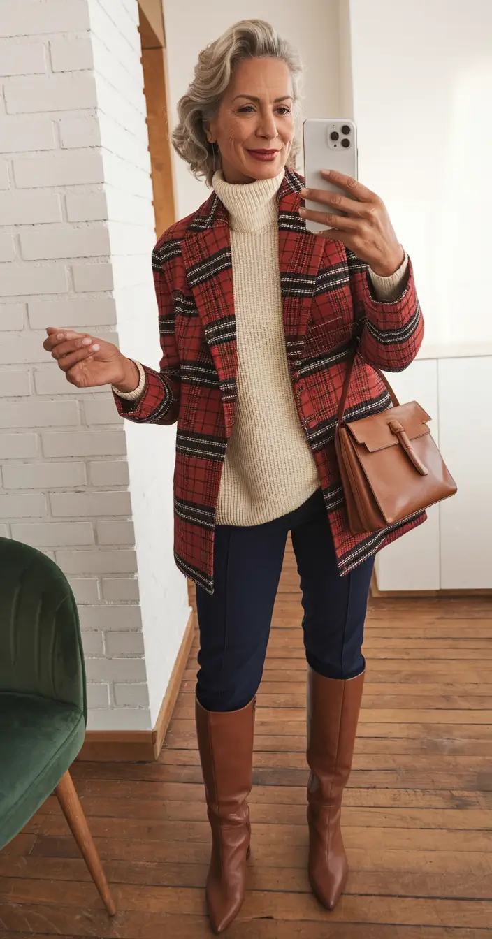 fall outfits women over 40 - Plaid Blazer & Tall Boots Confidence