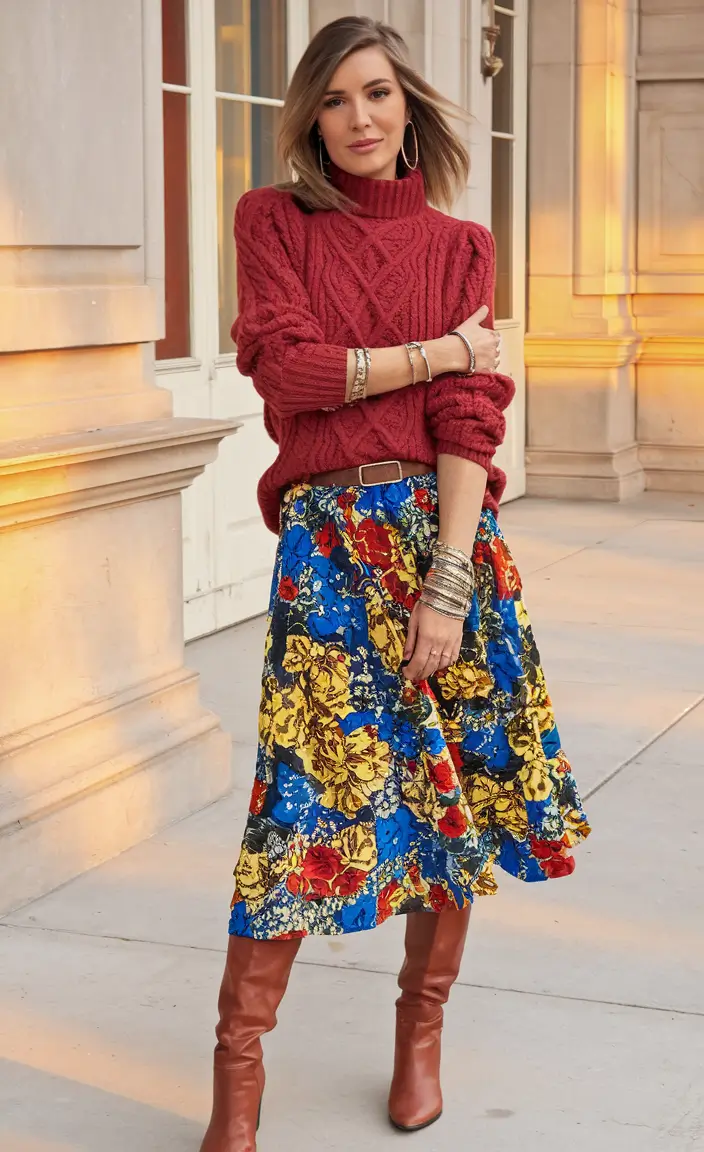 Trendy fall outfits with skirts 2025 Crimson Knit & Wild Bloom Drama