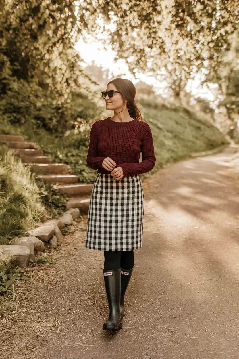 Trendy fall outfits with skirts 2025 Gingham Trail Wander